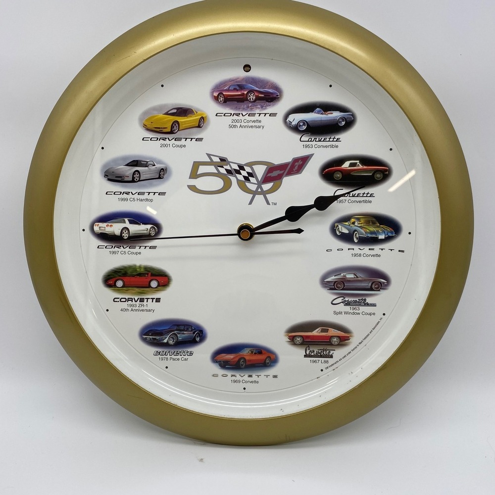 Official Corvette 50th Anniversary 2003 Wall Clock Gold White Multi Car History